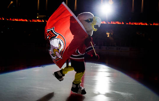 Maskoten Hawkan innan matchen i hockeyallsvenskan mellan