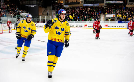 Sveriges Jacob de la Rose och André Burakovsky jublar