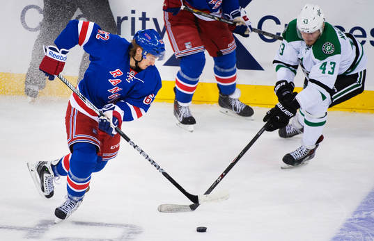 New Yorks Carl Hagelin dribblar