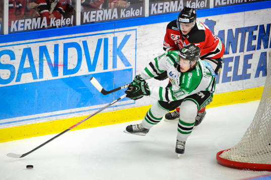 Malmö Redhawks Johan Björk jagar Rögles Robin Sterner