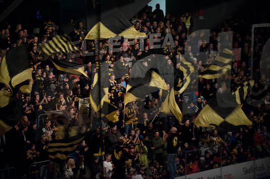 Skellefteå supporters, publikhav med gulsvarta flaggor,