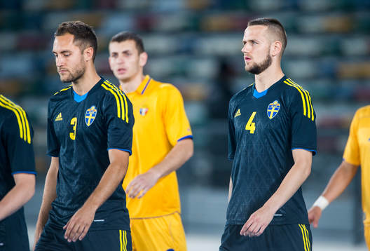 Sveriges Niklas Backman och Alexander Milosevic på väg in