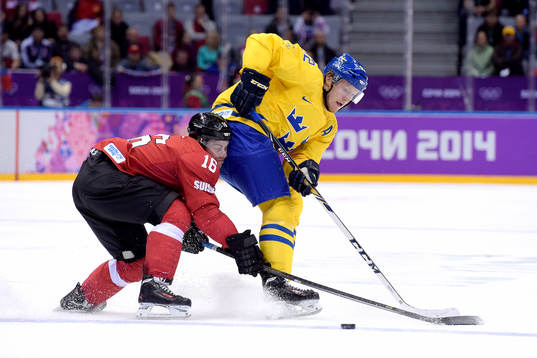 Schweiz Raphael Diaz och Sveriges Gabriel Landeskog kämpar