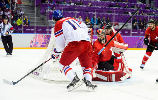 Tjeckiens Martin Hanzal och Schweiz målvakt Jonas Hiller