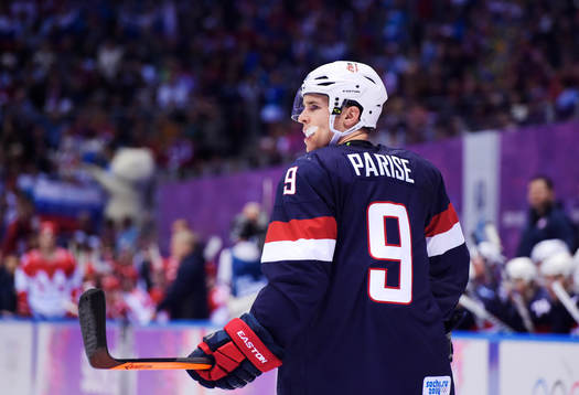 s Zach Parise i ishockeymatchen mellan USA och Ryssland