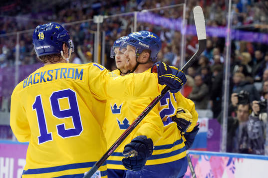 Sveriges Daniel Sedin jublar med Sveriges Nicklas