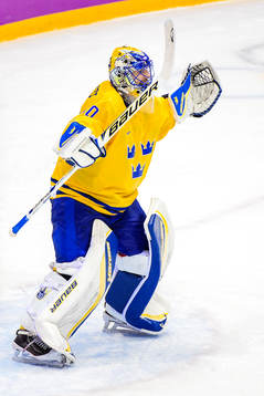 Sveriges målvakt Henrik Lundqvist jublar
