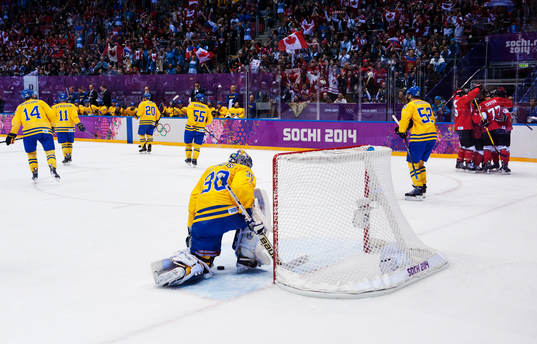 Sveriges målvakt Henrik Lundqvist med lagkamrater deppar