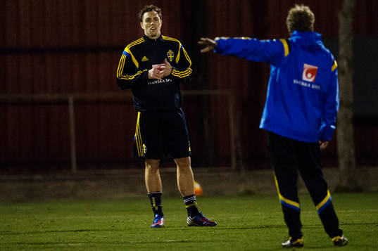 Johan Elmander får instruktioner av förbundskapten Erik