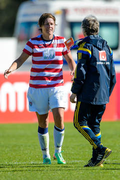 USAs Abby Wambach och Sveriges förbundskapten Pia Sundhage