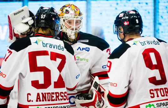 Malmö Redhawks spelare jublar med målvakt Robin Rahm