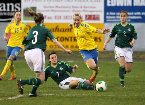 Sweden's Kosovare Asllani is taken down by Northern