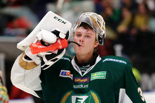 Färjestads målvakt Fredrik Pettersson Wentzel med mask i
