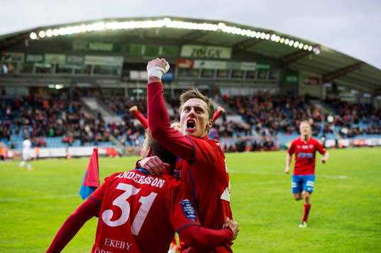 Helsingborgs Elias Andersson och Anton Kinnander jublar