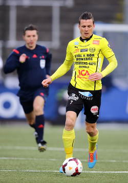 domare Bojan Pandzic och Mjällbys Kristian Haynes