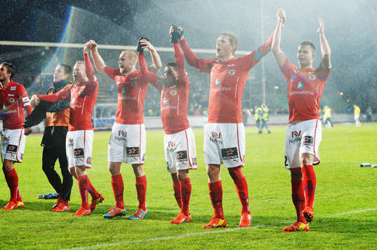 Kalmars spelare jublar och tackar publiken