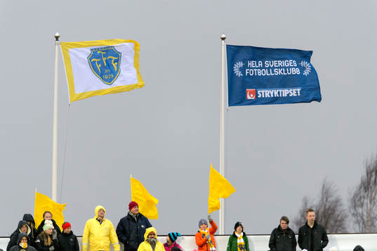 En flagga med Falkenbergs emblem och en flagga från