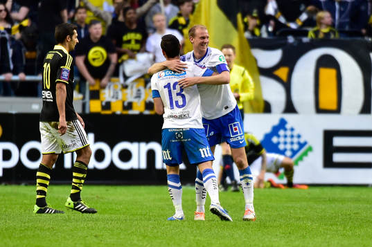 Norrköpings Nikola Tkalcic och Andreas Johansson jublar