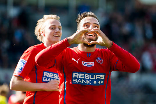 Helsingborgs Abdul Khalili och Måns Ekvall jublar