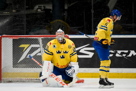 Sveriges målvakt Anders Nilsson och Mattias Ekholm deppar