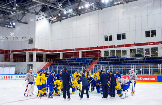 Förbundskapten Pär Mårts har en genomgång med spelarna