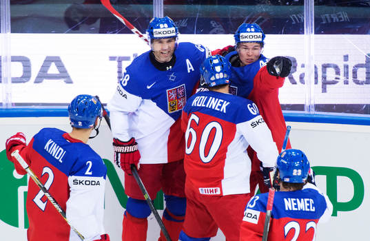 Tjeckiens Jakub Kindl, Jaromir Jagr, Tomas Rolinek, Tomas