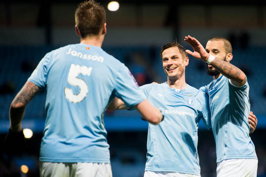 Malmö FFs Pontus Jansson och Markus Rosenberg (m) jublar