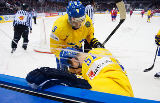Sveriges Jonas Ahnelöv får hjälp att ta sig från isen