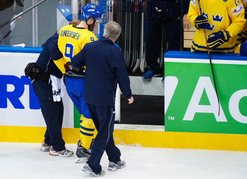 Sveriges Niclas Andersén får hjälp att ta sig av isen