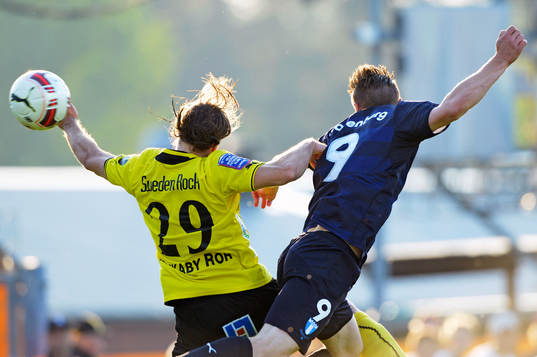 Mjällbys Danny Ervik och Malmö FFs Markus Rosenberg  i
