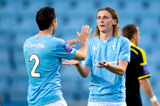 Malmö FFs Matias Concha firar poängen med Pawel Cibicki