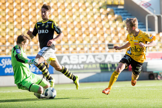 Elfsborgs Jonas Ganning skjuter och AIKs målvakt Viktor