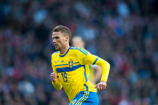 Sveriges Marcus Berg  i landskampen mellan Danmark och