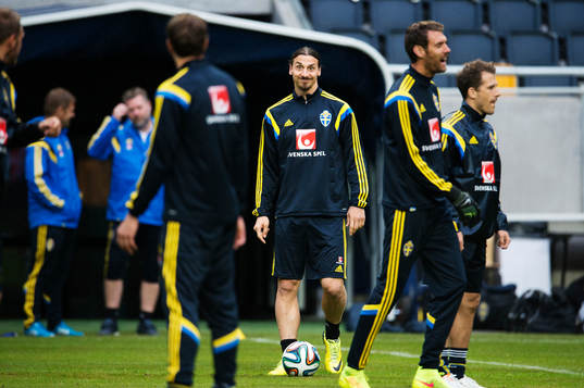 Zlatan Ibrahimovic skojar med en medspelare på Sveriges