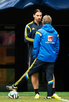 Zlatan Ibrahimovic pratar med förbundskapten Erik Hamrén