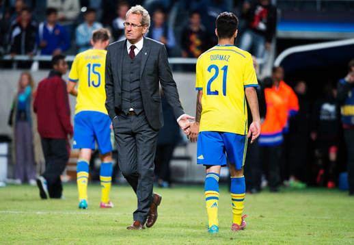 Sveriges förbundskapten Erik Hamrén och Jimmy Durmaz