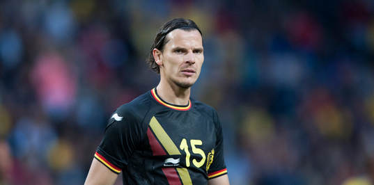 Belgiens Daniel Van Buyten i träningslandskampen i mellan