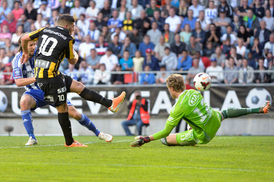 Häckens Moestafa El Kabir skjuter mot IFK Göteborgs