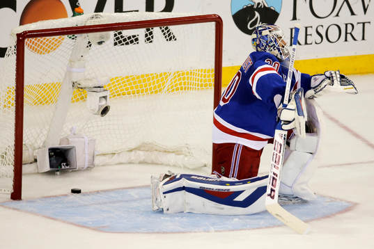 New York Rangers goalie Henrik Lundqvist (30) reacts