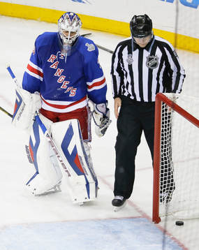 New York Rangers goalie Henrik Lundqvist (30) looks at the