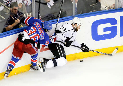 New York Rangers right wing Mats Zuccarello (36) checks Los