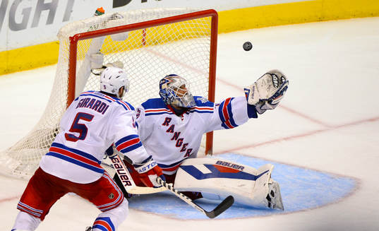New York Rangers goaltender Henrik Lundqvist makes a save