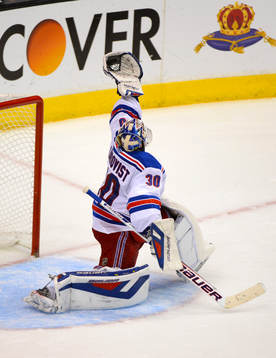 New York Rangers goaltender Henrik Lundqvist makes a save