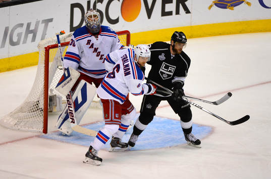 Anton Stralman and Henrik Lundqvist of the New York Rangers