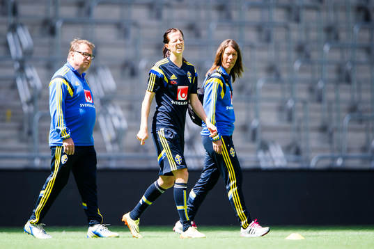 Sveriges Lotta Schelin har ont och går av planen