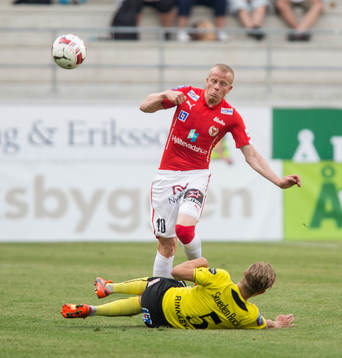 Kalmars Tobias Eriksson och Mjällbys Rikard Östlin
