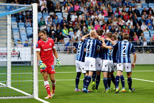 Djurgården firar medan Norrköpings målvakt David Mitov