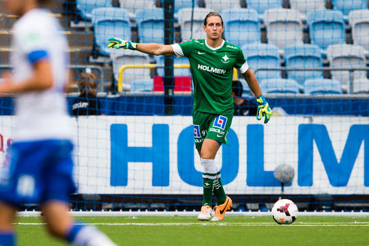 Norrköpings målvakt David Mitov Nilsson med bollen
