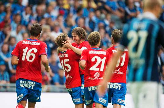 Helsingborgs Emil Krafth och Darijan Bojanic jublar