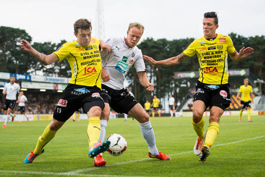 Mjällbys Viktor Nilsson (tv) och Kristian Haynes (th)